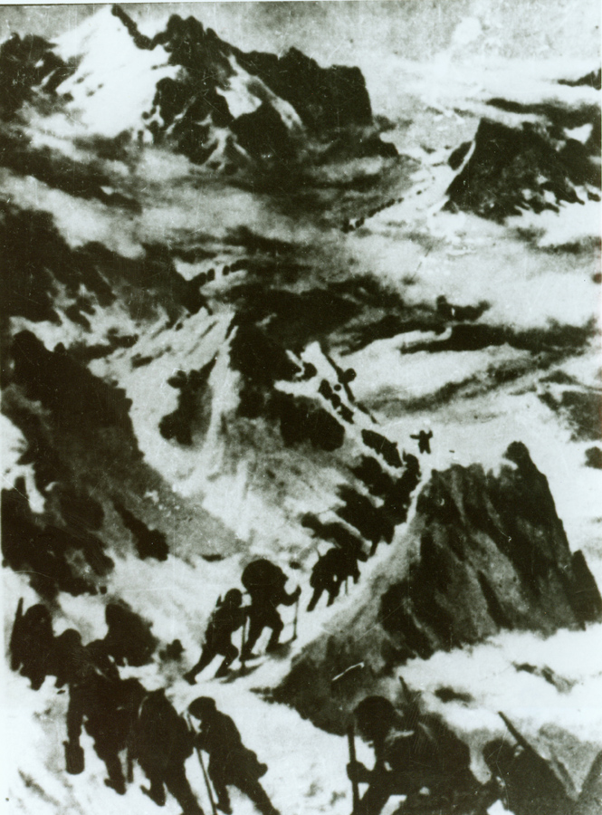 ↑資料圖片：紅軍過打鼓山。（圖片由陸軍第16集團軍某紅軍團提供）