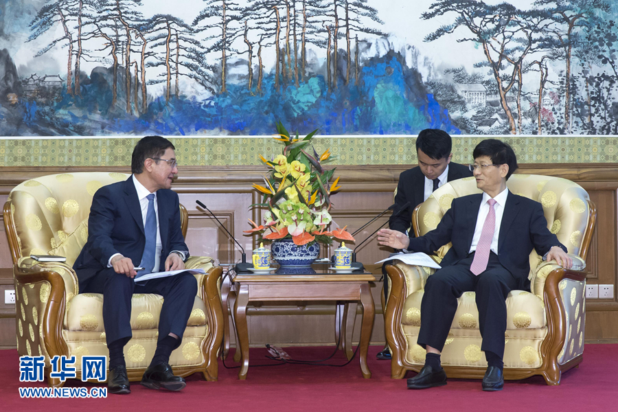 7月19日，中共中央政治局委員、中央政法委書記孟建柱在北京會見烏茲別克斯坦副總理庫奇卡羅夫。 新華社記者崔新鈺攝