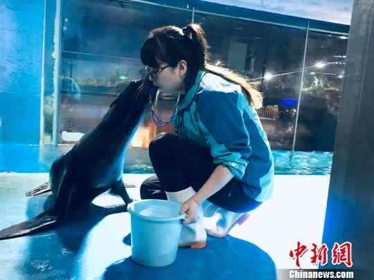 于雅麗與海獅親密瞬間?！“瑧c龍 攝