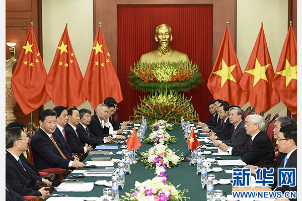 11月5日，中共中央總書記、國家主席習近平在河內同越共中央總書記阮富仲舉行會談。 新華社記者李學仁攝