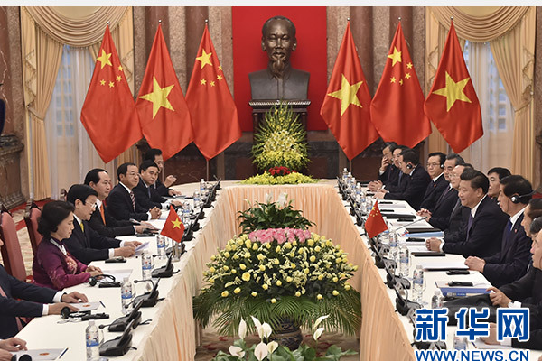 11月6日，中共中央總書記、國家主席習近平在河內同越南國家主席張晉創舉行會談。 新華社記者李濤攝